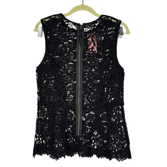 NWT CAbi Black Sleeveless Embroidered Lace Peplum Sheer Zip Top Medium Elegant - Picture 2 of 13